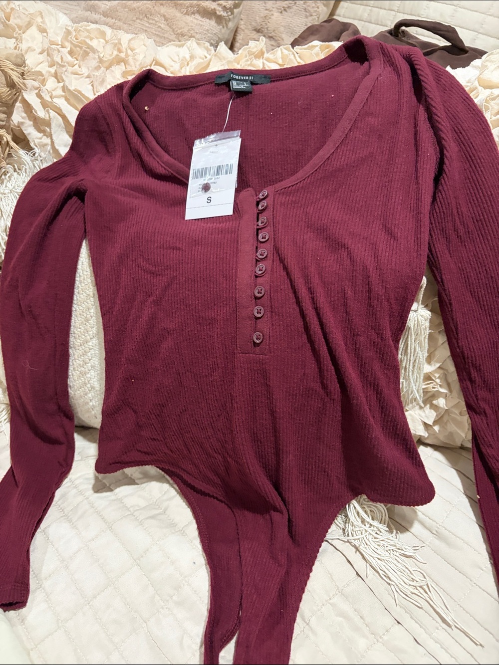 Forever 21 Women's Maroon Ribbed Henley Bodysuit